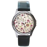 Pink Whimsical flowers on beige Round Leather Watch (Silver Rim)