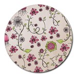 Pink Whimsical flowers on beige 8  Mouse Pad (Round)