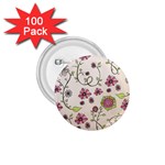 Pink Whimsical flowers on beige 1.75  Button (100 pack)