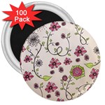 Pink Whimsical flowers on beige 3  Button Magnet (100 pack)