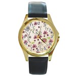 Pink Whimsical flowers on beige Round Leather Watch (Gold Rim) 