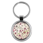 Pink Whimsical flowers on beige Key Chain (Round)