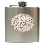 Pink Whimsical flowers on beige Hip Flask