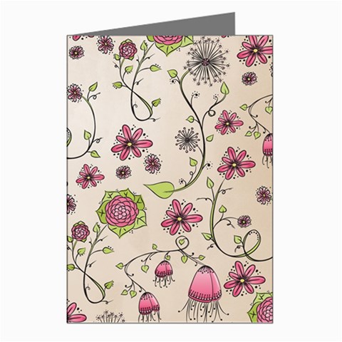 Pink Whimsical flowers on beige Greeting Card (8 Pack) from ZippyPress Left