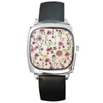 Pink Whimsical flowers on beige Square Leather Watch
