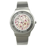 Pink Whimsical flowers on beige Stainless Steel Watch (Slim)