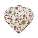Pink Whimsical flowers on beige Dog Tag Heart (One Sided) 