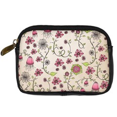 Pink Whimsical flowers on beige Digital Camera Leather Case from ZippyPress Front