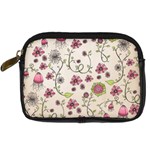 Pink Whimsical flowers on beige Digital Camera Leather Case