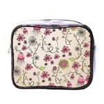 Pink Whimsical flowers on beige Mini Travel Toiletry Bag (One Side)