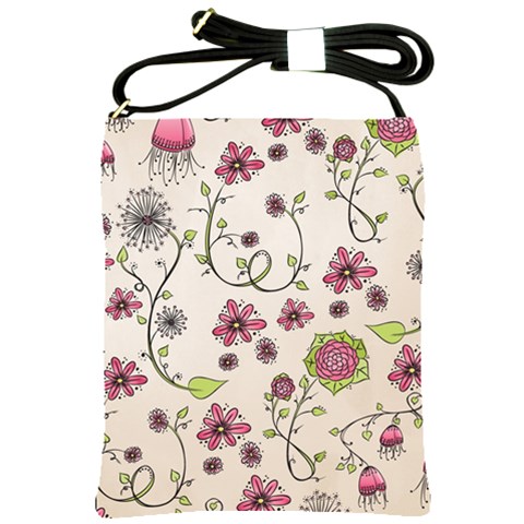 Pink Whimsical flowers on beige Shoulder Sling Bag from ZippyPress Front