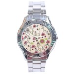 Pink Whimsical flowers on beige Stainless Steel Watch