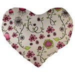 Pink Whimsical flowers on beige 19  Premium Heart Shape Cushion
