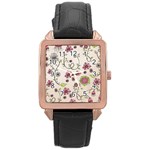 Pink Whimsical flowers on beige Rose Gold Leather Watch 