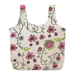 Pink Whimsical flowers on beige Reusable Bag (L)