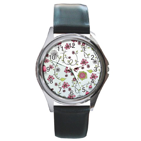 Pink whimsical flowers on blue Round Leather Watch (Silver Rim) from ZippyPress Front