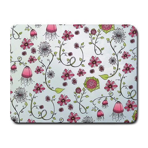 Pink whimsical flowers on blue Small Mouse Pad (Rectangle) from ZippyPress Front