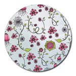 Pink whimsical flowers on blue 8  Mouse Pad (Round)