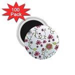 Pink whimsical flowers on blue 1.75  Button Magnet (100 pack)
