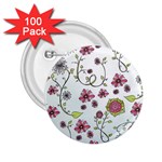 Pink whimsical flowers on blue 2.25  Button (100 pack)