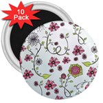 Pink whimsical flowers on blue 3  Button Magnet (10 pack)