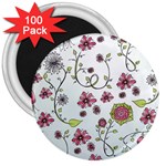 Pink whimsical flowers on blue 3  Button Magnet (100 pack)