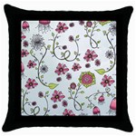 Pink whimsical flowers on blue Black Throw Pillow Case