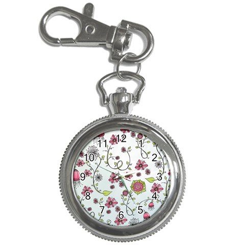 Pink whimsical flowers on blue Key Chain Watch from ZippyPress Front