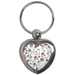 Pink whimsical flowers on blue Key Chain (Heart)