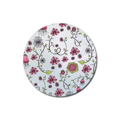 Pink whimsical flowers on blue Drink Coasters 4 Pack (Round) from ZippyPress Front