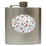 Pink whimsical flowers on blue Hip Flask