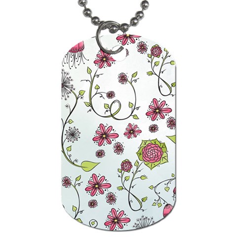 Pink whimsical flowers on blue Dog Tag (Two Front