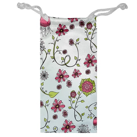 Pink whimsical flowers on blue Jewelry Bag from ZippyPress Front