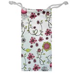 Pink whimsical flowers on blue Jewelry Bag