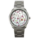 Pink whimsical flowers on blue Sport Metal Watch