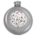 Pink whimsical flowers on blue Hip Flask (Round)