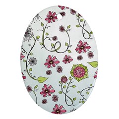 Pink whimsical flowers on blue Oval Ornament (Two Sides) from ZippyPress Front