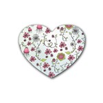 Pink whimsical flowers on blue Drink Coasters (Heart)