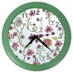 Pink whimsical flowers on blue Wall Clock (Color)