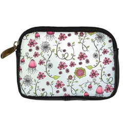 Pink whimsical flowers on blue Digital Camera Leather Case from ZippyPress Front