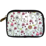 Pink whimsical flowers on blue Digital Camera Leather Case