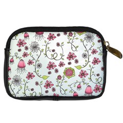 Pink whimsical flowers on blue Digital Camera Leather Case from ZippyPress Back