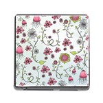 Pink whimsical flowers on blue Memory Card Reader with Storage (Square)