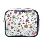 Pink whimsical flowers on blue Mini Travel Toiletry Bag (One Side)