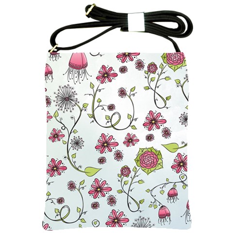Pink whimsical flowers on blue Shoulder Sling Bag from ZippyPress Front