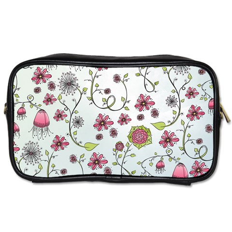 Pink whimsical flowers on blue Travel Toiletry Bag (One Side) from ZippyPress Front