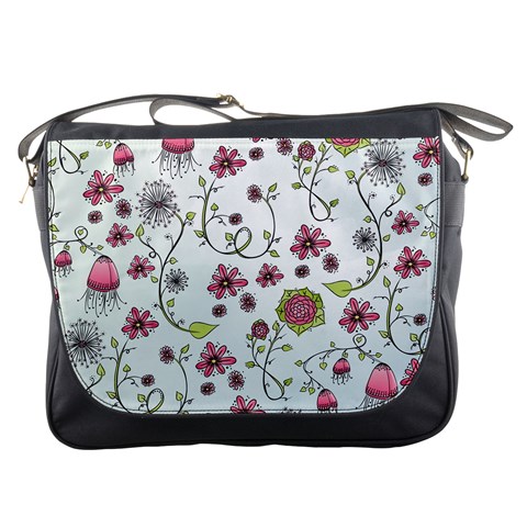 Pink whimsical flowers on blue Messenger Bag from ZippyPress Front