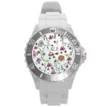 Pink whimsical flowers on blue Plastic Sport Watch (Large)