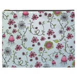 Pink whimsical flowers on blue Cosmetic Bag (XXXL)