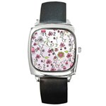 Pink whimsical flowers on pink Square Leather Watch